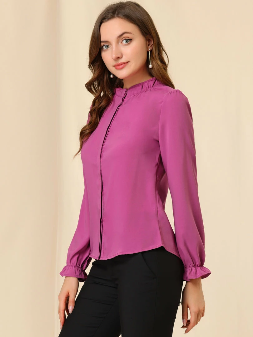 Allegra K Women's Button-Down Work Office Tops Chiffon Ruffled Stand Collar Blouse 35 Allegra K Women's Button-Down Work Office Tops Chiffon Ruffled Stand Collar Blouse
