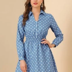 Allegra K Women's Vintage Shirtdress Cinched Waist A-Line Polka Dots Shirt Dress