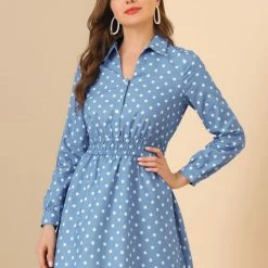 Allegra K Women's Vintage Shirtdress Cinched Waist A-Line Polka Dots Shirt Dress