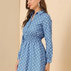 Allegra K Women's Vintage Shirtdress Cinched Waist A-Line Polka Dots Shirt Dress