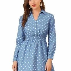 Allegra K Women's Vintage Shirtdress Cinched Waist A-Line Polka Dots Shirt Dress