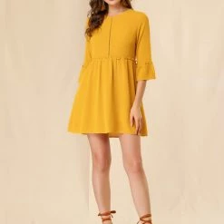 Allegra K Women's Casual Long Sleeves Keyhole Back Round Neck Ruffle Dress