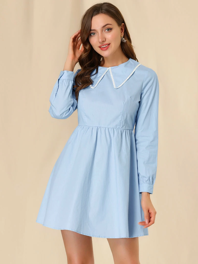 Allegra K Women's Long Sleeve Mini Lace Trim Collared Babydoll Dress 6 Allegra K Women's Long Sleeve Mini Lace Trim Collared Babydoll Dress