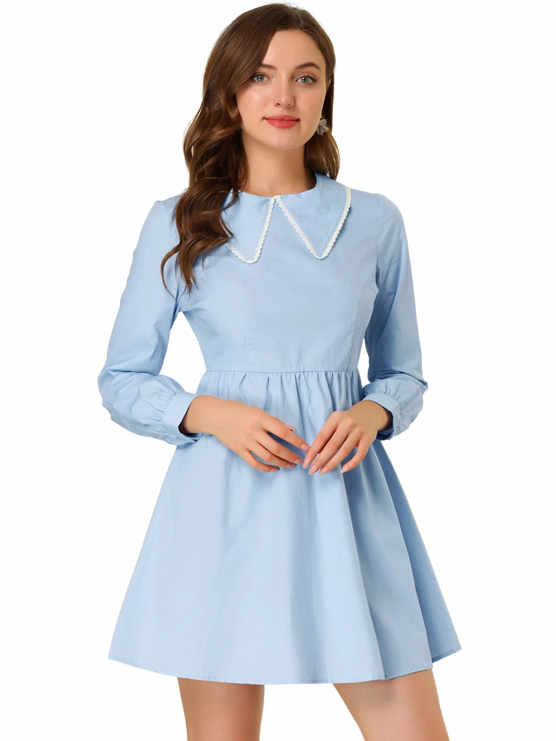 Allegra K Women's Long Sleeve Mini Lace Trim Collared Babydoll Dress 4 Allegra K Women's Long Sleeve Mini Lace Trim Collared Babydoll Dress