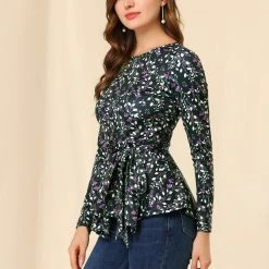 Allegra K]Waist Tie Peplum Top In Floral Print Women
