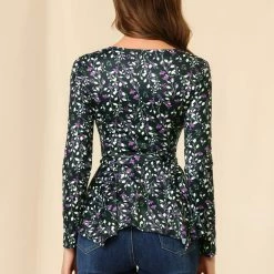 Allegra K]Waist Tie Peplum Top In Floral Print Women