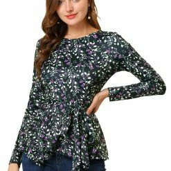Allegra K]Waist Tie Peplum Top In Floral Print Women