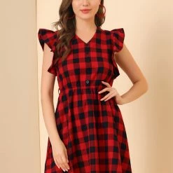 Allegra K Women's Ruffled Sleeve Belted Vintage Check Plaids Dress