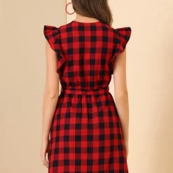 Allegra K Women's Ruffled Sleeve Belted Vintage Check Plaids Dress