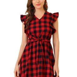 Allegra K Women's Ruffled Sleeve Belted Vintage Check Plaids Dress
