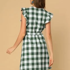Allegra K Women's Ruffled Sleeve Belted Vintage Check Plaids Dress