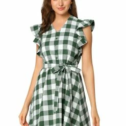Allegra K Women's Ruffled Sleeve Belted Vintage Check Plaids Dress