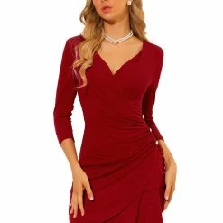 Allegra K Women's Deep V Neck Ruched Wrap Sheath Dress