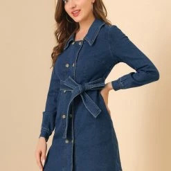Allegra K Women's Jean Dress Turnover Collar Double Breasted Button Down Belted Dresses
