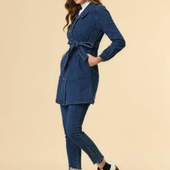 Allegra K Women's Jean Dress Turnover Collar Double Breasted Button Down Belted Dresses