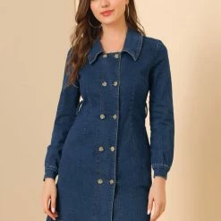 Allegra K Women's Jean Dress Turnover Collar Double Breasted Button Down Belted Dresses