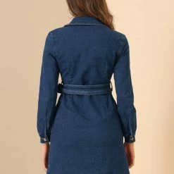 Allegra K Women's Jean Dress Turnover Collar Double Breasted Button Down Belted Dresses