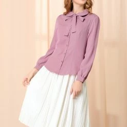 Allegra K Women's Button Down Shirt Peter Pan Collar Long Sleeve Bow Tie Neck Blouse