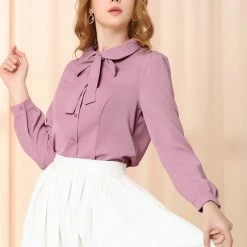 Allegra K Women's Button Down Shirt Peter Pan Collar Long Sleeve Bow Tie Neck Blouse
