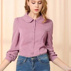 Allegra K Women's Button Down Shirt Peter Pan Collar Long Sleeve Bow Tie Neck Blouse