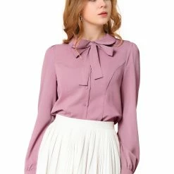 Allegra K Women's Button Down Shirt Peter Pan Collar Long Sleeve Bow Tie Neck Blouse