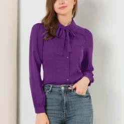 Allegra K Women's Button Down Shirt Peter Pan Collar Long Sleeve Bow Tie Neck Blouse