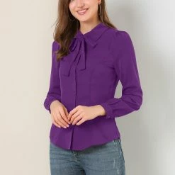 Allegra K Women's Button Down Shirt Peter Pan Collar Long Sleeve Bow Tie Neck Blouse