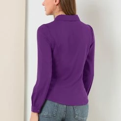 Allegra K Women's Button Down Shirt Peter Pan Collar Long Sleeve Bow Tie Neck Blouse