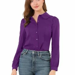 Allegra K Women's Button Down Shirt Peter Pan Collar Long Sleeve Bow Tie Neck Blouse