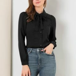 Allegra K Women's Button Down Shirt Peter Pan Collar Long Sleeve Bow Tie Neck Blouse