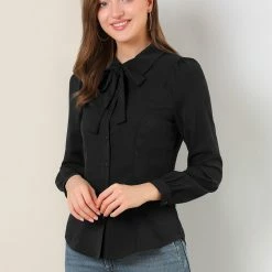 Allegra K Women's Button Down Shirt Peter Pan Collar Long Sleeve Bow Tie Neck Blouse