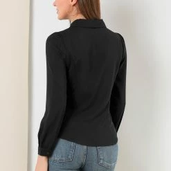 Allegra K Women's Button Down Shirt Peter Pan Collar Long Sleeve Bow Tie Neck Blouse