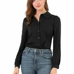 Allegra K Women's Button Down Shirt Peter Pan Collar Long Sleeve Bow Tie Neck Blouse