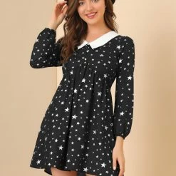 Allegra K Women's Contrast Peter Pan Collar Metallic Stars Babydoll Button Decor Long Sleeve Dress