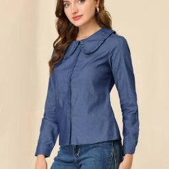 Allegra K Women's Peter Pan Collar Ruffled Button Down Denim Shirt 11 Allegra K Women's Peter Pan Collar Ruffled Button Down Denim Shirt