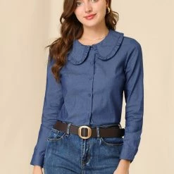 Allegra K Women's Peter Pan Collar Ruffled Button Down Denim Shirt 12 Allegra K Women's Peter Pan Collar Ruffled Button Down Denim Shirt