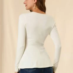 Allegra K Smocked Waist Peplum Pullover Jumper Women