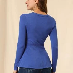 Allegra K Smocked Waist Peplum Pullover Jumper Women