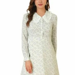 Allegra K Women's Peter Pan Collar Long Sleeve Half Placket Floral Dress