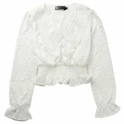 Allegra K Women's Peter Pan Collar Ruffled Trim Semi-Sheer Smocked Waist Floral Lace Tops