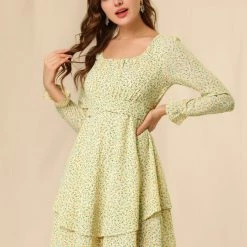 Allegra K Women's Ruched Front Puff Long Sleeve Floral Tiered Dress