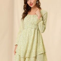 Allegra K Women's Ruched Front Puff Long Sleeve Floral Tiered Dress