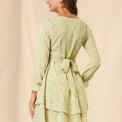 Allegra K Women's Ruched Front Puff Long Sleeve Floral Tiered Dress
