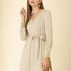 Allegra K Women's Elegant Satin Dresses A-Line Pleated Waist V Neck Belted Shirt Dress