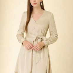 Allegra K Women's Elegant Satin Dresses A-Line Pleated Waist V Neck Belted Shirt Dress