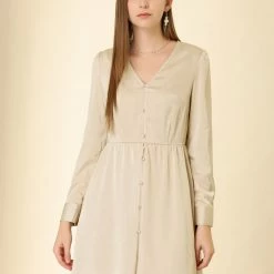 Allegra K Women's Elegant Satin Dresses A-Line Pleated Waist V Neck Belted Shirt Dress