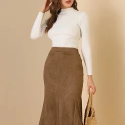 Allegra K Women's Faux Suede A-Line Elastic Back Hidden Side Zip Retro Work Fall Midi Skirt