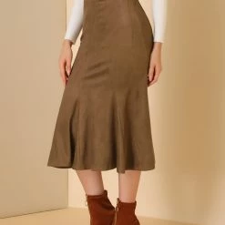 Allegra K Women's Faux Suede A-Line Elastic Back Hidden Side Zip Retro Work Fall Midi Skirt