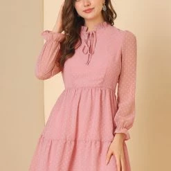 Allegra K Women's Ruffle Tie Neck Mini Tiered Swiss Dots Babydoll Dress