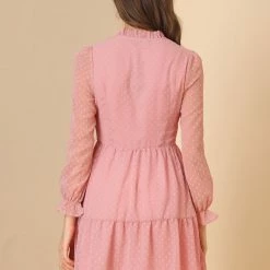 Allegra K Women's Ruffle Tie Neck Mini Tiered Swiss Dots Babydoll Dress